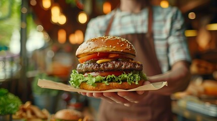The waiter takes the burger to the outdoor summer area in the cafe street fast food : Generative AI