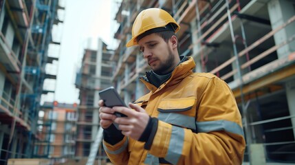 Construction engineer using mobile smart phone on site during inspection selective focus : Generative AI
