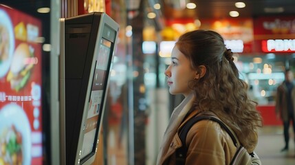 Concept of facial recognition scan used for confirming payment for food transaction at fastfood restaurant POV from terminal kiosk Emerging wearable and contactless payment technology : Generative AI