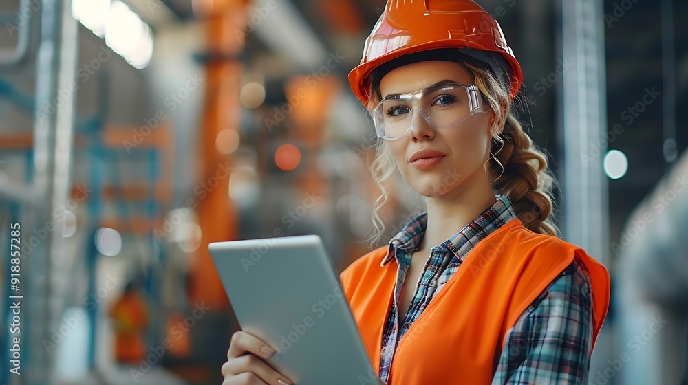 Poster Female engineer with digital tablet at construction site Factory foreman worker in hardhat at the precast factory site : Generative AI