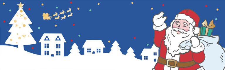 バナー　クリスマス　アイソメトリック　サンタクロース　街並み　背景　コピースペース　イラスト素材