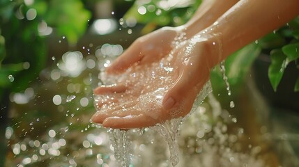 Fototapeta premium Hands woman and water for washing in bathroom for hygiene clean and healthy with wellness environment Skincare beauty and self care with splash for sustainable friendly future and hydr : Generative AI