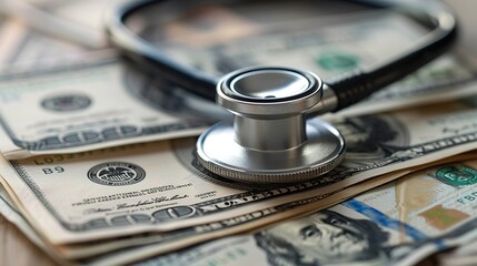A closeup image of a black stethoscope wrapped around a stack of US dollar bills Cost of healthcare financial burden copay concept : Generative AI