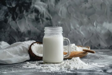 Coconut milk powder mixed with water in a jar lactose free milk on gray background horizontal