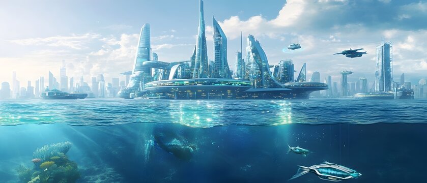 digital painting depicting a futuristic seapunk themed floating city on the ocean surface  The city features gleaming towers and platforms constructed from salvaged materials and bioluminescent coral