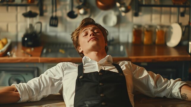 Overworked butler stretching in studio feeling exhausted after long busy day at restaurant Professional stylish waiter falling asleep and suffering from burnout feeling sleepy on camer : Generative AI