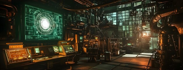 Captivating retro futuristic dieselpunk laboratory setting with a labyrinthine network of vintage analog equipment glowing holographic displays humming machinery and moody amber lighting