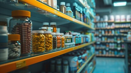 Fototapeta premium Empty drugstore chemists shop pharmacy without staff clients customers visitors with remedies pills medicines goods painkillers jars on shelves : Generative AI