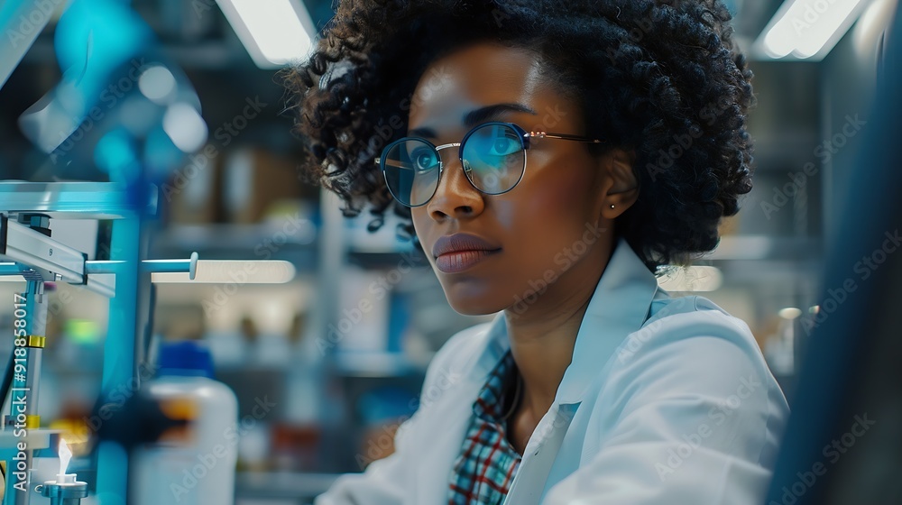 Poster A focused african american woman scientist working on a computer in a laboratory setting : Generative AI