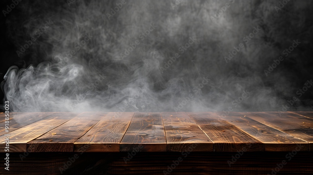 Aufkleber On a black background an empty wooden table with smoke floats up Empty space for displaying your products with a smoke float up on a dark background Space available for displaying your : Generative AI