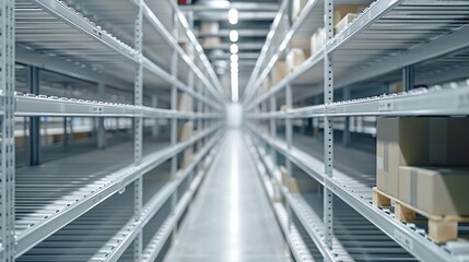 Fototapeta premium white empty high rack along the aisle : Generative AI