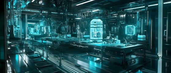 Futuristic biopunk laboratory filled with cutting edge hybrid biological technological devices glowing neon tinged cybernetic organisms and a chrome and glass retrofuturistic industrial aesthetic
