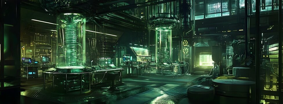 Biopunk Laboratory of the Future Advanced Hybrid Biological Technological Devices Glowing Neon Tinged Cybernetic Organisms Chrome and Glass Construction Retrofuturistic Industrial Aesthetics