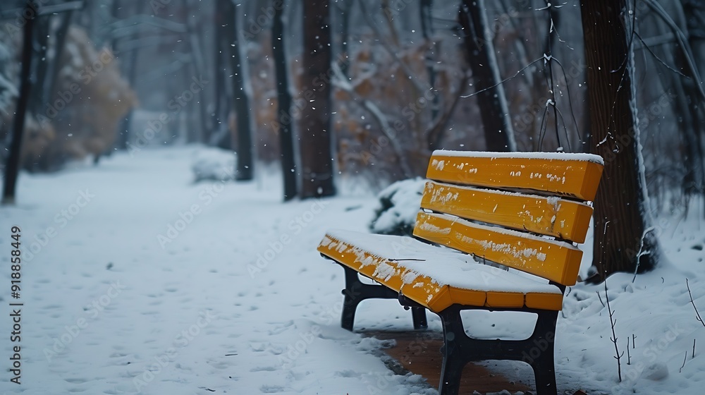 Poster bench covered with snow in frozen forest empty bench in snowy park winter weather wooden bench in pa