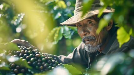 Obraz premium Asian man farmer drying raw coffee beans in the sun at coffee plantation in Chiang Mai Thailand Farm worker harvesting and process organic arabica coffee bean in greenhouse on the moun : Generative AI
