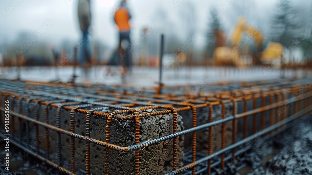 Poster large reinforced concrete structures at the construction site preparation for the installation of re