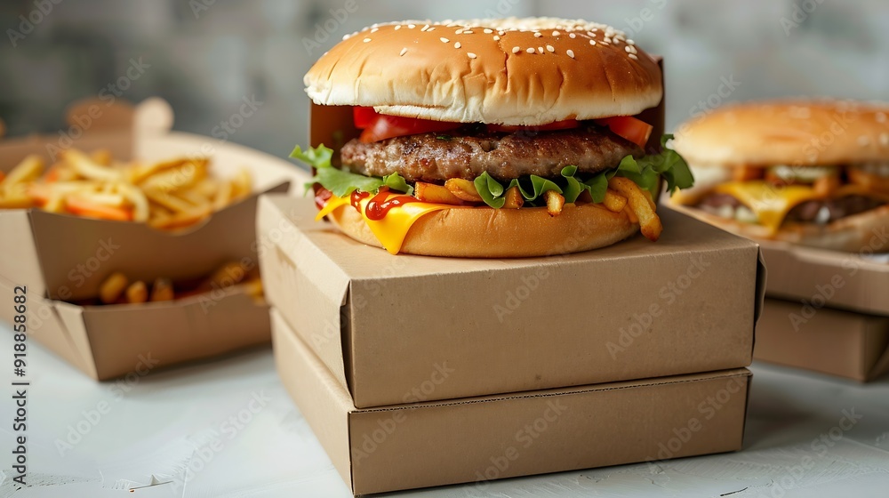 Poster stack of fast food boxes on white background : generative ai