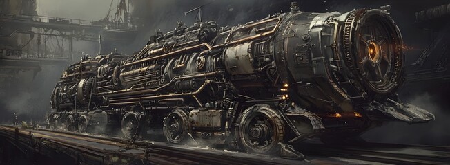 Vintage gear driven dieselpunk steam locomotive in a dystopian industrial landscape setting with weathered metallic textures and steampunk inspired design elements
