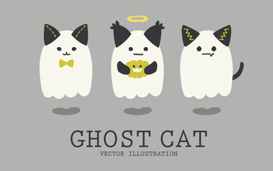 ゴーストキャットのイラスト ( ベクター ハロウィン 秋 背景 挿絵 カード グレー )