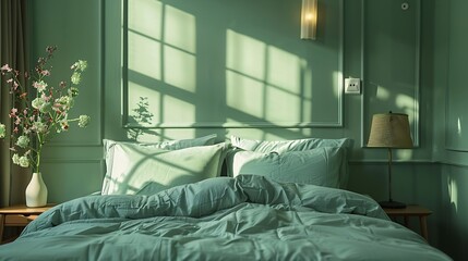 Comfortable sage green bed in room Interior design : Generative AI