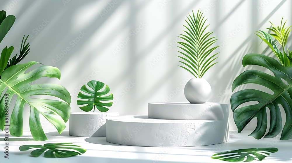 Aufkleber creative concept of minimalism with leaf and plaster podium blank space on white podiums for present