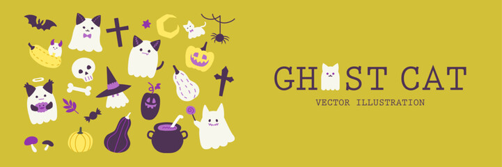 ゴーストキャットとハロウィン バナー イラスト  ( ベクター ハロウィン 秋 背景 挿絵 カード 黄色 コピースペース )