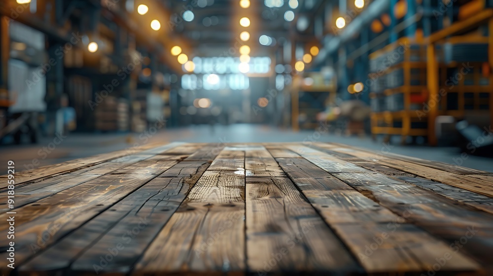 Poster The empty wooden table top with blur background of factory Exuberant image : Generative AI