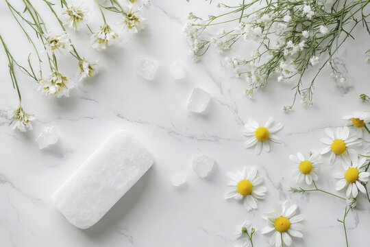 Crystal alum deodorant and chamomile flowers on white marble