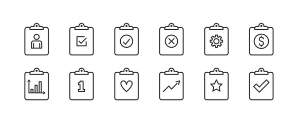 Clipboard flat line icons with different symbols, editable stroke, vector eps10 illustration