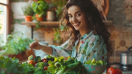 Healthy Food To Boost Your Immune System Beautiful smiling young woman cooking fresh organic salad at home in modern kitchen reaching for vegetables copy space Diet Food And Lifestyle  : Generative AI