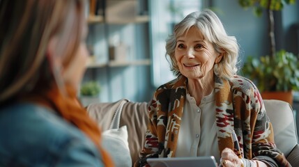 Appointment counseling and psychology for tablet old woman and therapy in mental health Walking elderly client and waiting room with happy psychologist and therapist to help check on p : Generative AI