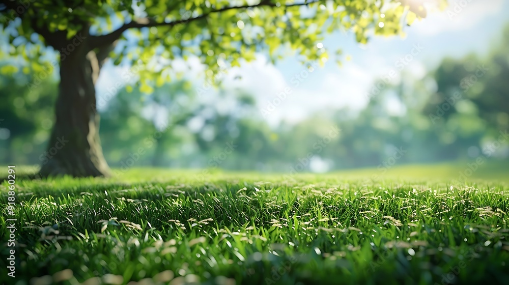Aufkleber Blurred photogreen tree background View of the wild grass lawn Light sky : Generative AI