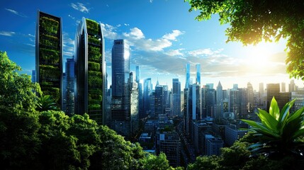 Obraz premium A city with tall buildings and a green forest in the background. The city is surrounded by trees and the sky is blue