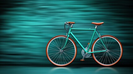 Fototapeta premium A green bicycle with a brown seat and handlebars. The bike is leaning against a wall. The image has a sense of motion and energy, as if the bike is about to take off