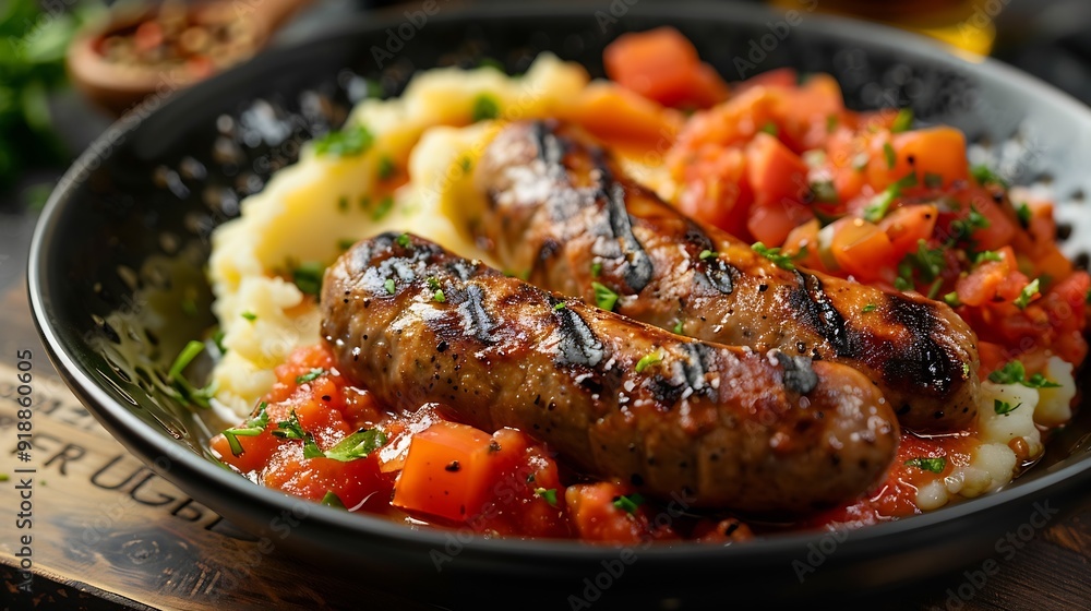 Poster devilled sausages with mashed potato spiced tomato and apple sauce : generative ai