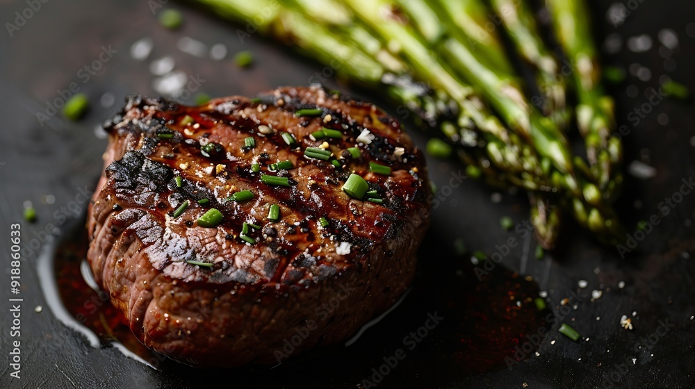 Poster Grilled Fillet Mignon Steak with roasted asparagus Black background Top view : Generative AI