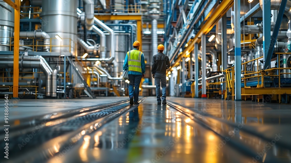 Poster two engineers talking walking across empty factory floor inspecting planning where all the machinery
