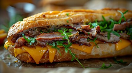 closeup of pork sandwich with cheese and green shoots : Generative AI