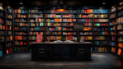 A library with a desk in the middle of it. The desk has a sign that says "Night Shift"