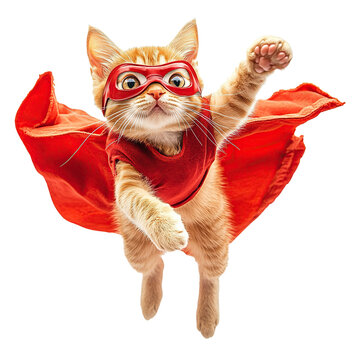 Super cat in red cape and mask flying in mid-air with a determined look on its face.