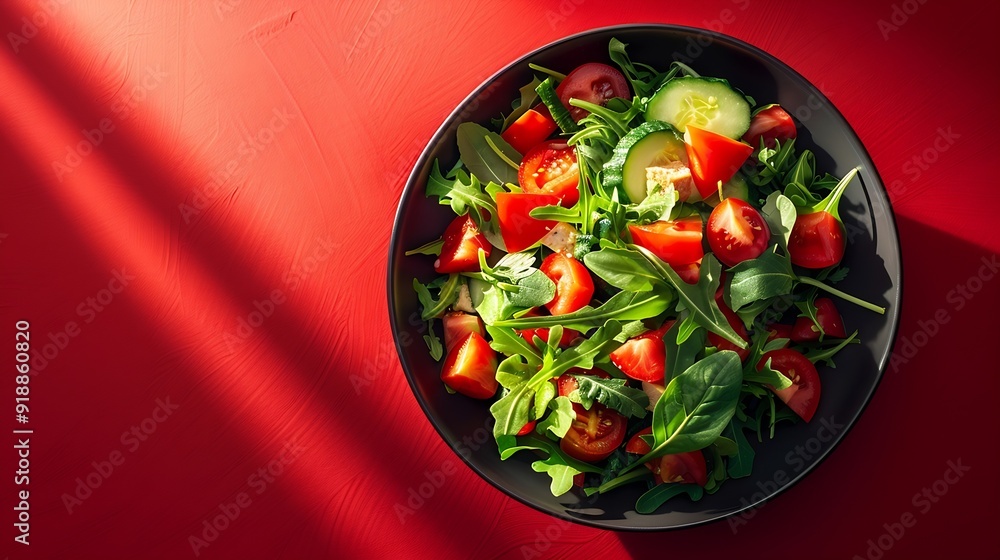 Poster vegetarian green salad on trendy red background with hard shadow green bowl with vegetables and tofu