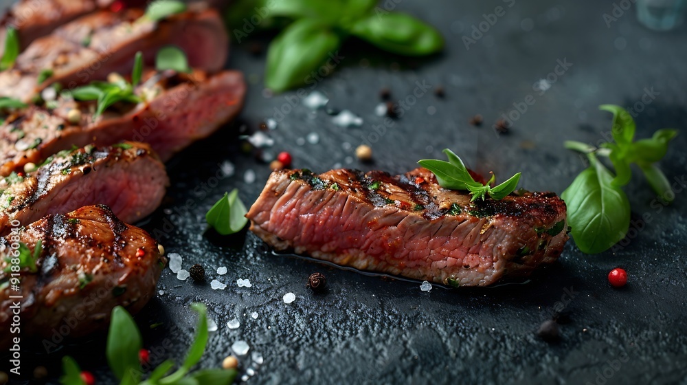 Poster delicious juicy pork or beef steak with salt spices and herbs on a textured concrete background : ge