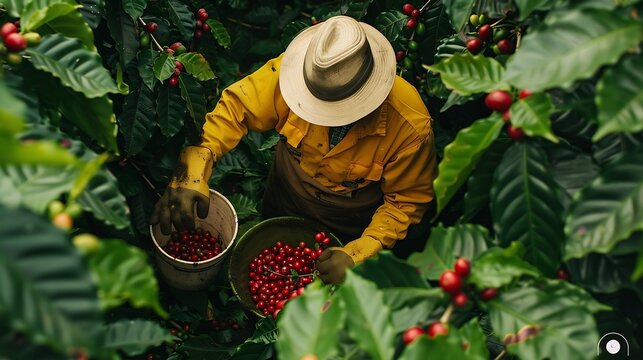From above of crop anonymous worker in gloves and with bucket picking ripe red berries while harvesting on coffee plantation in Quindio region in Colombia : Generative AI