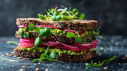 Healthy sandwich of rye bread with sunflower seeds hummus avocado radish sprouts and micro greens : Generative AI