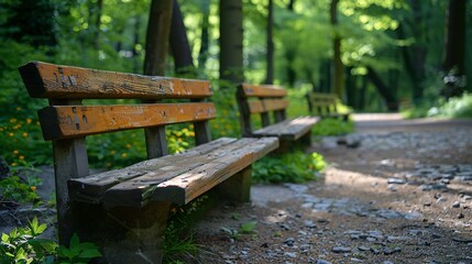 Naklejka premium Detail of the rest benches in the spa forest park for visitors : Generative AI