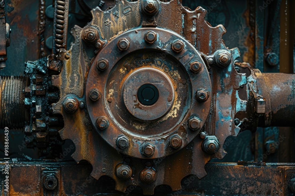 Poster close-up view of a rusty old machine with intricate details and texture