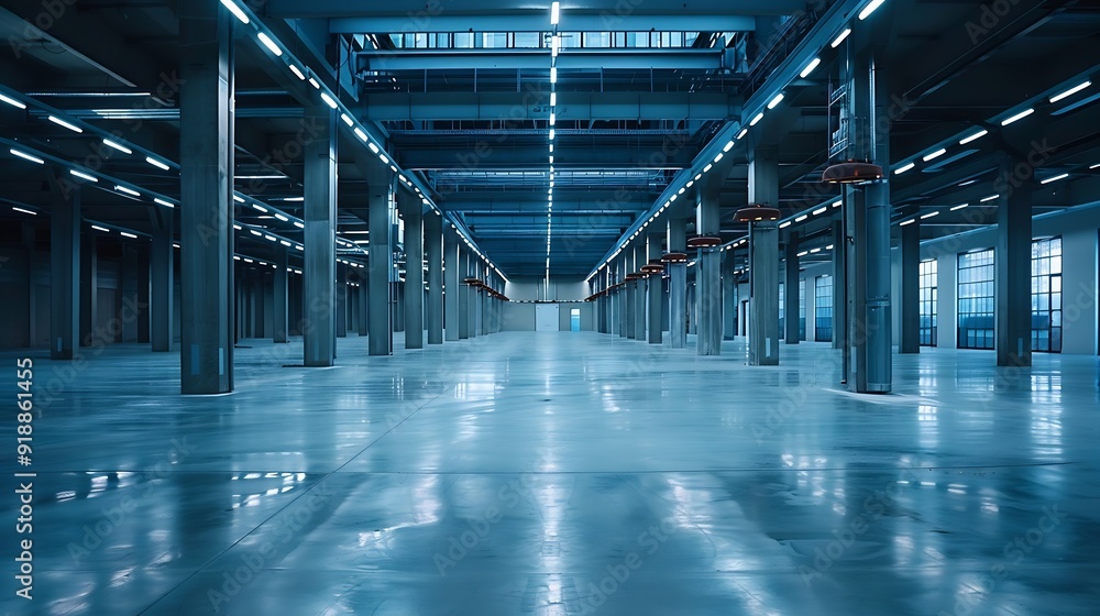 Poster large bright and empty warehouse : generative ai