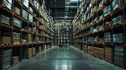 Fototapeta premium Empty warehouse interior with shelves pallets boxes and equipment : Generative AI
