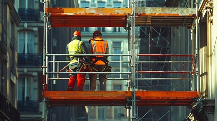 construction workers with safety equipment assembling scaffolding for maintenance of building facade on city street : Generative AI