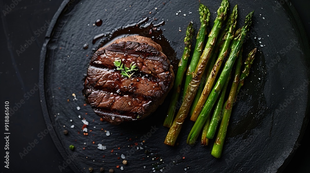 Poster grilled fillet mignon steak with roasted asparagus black background top view copy space : generative